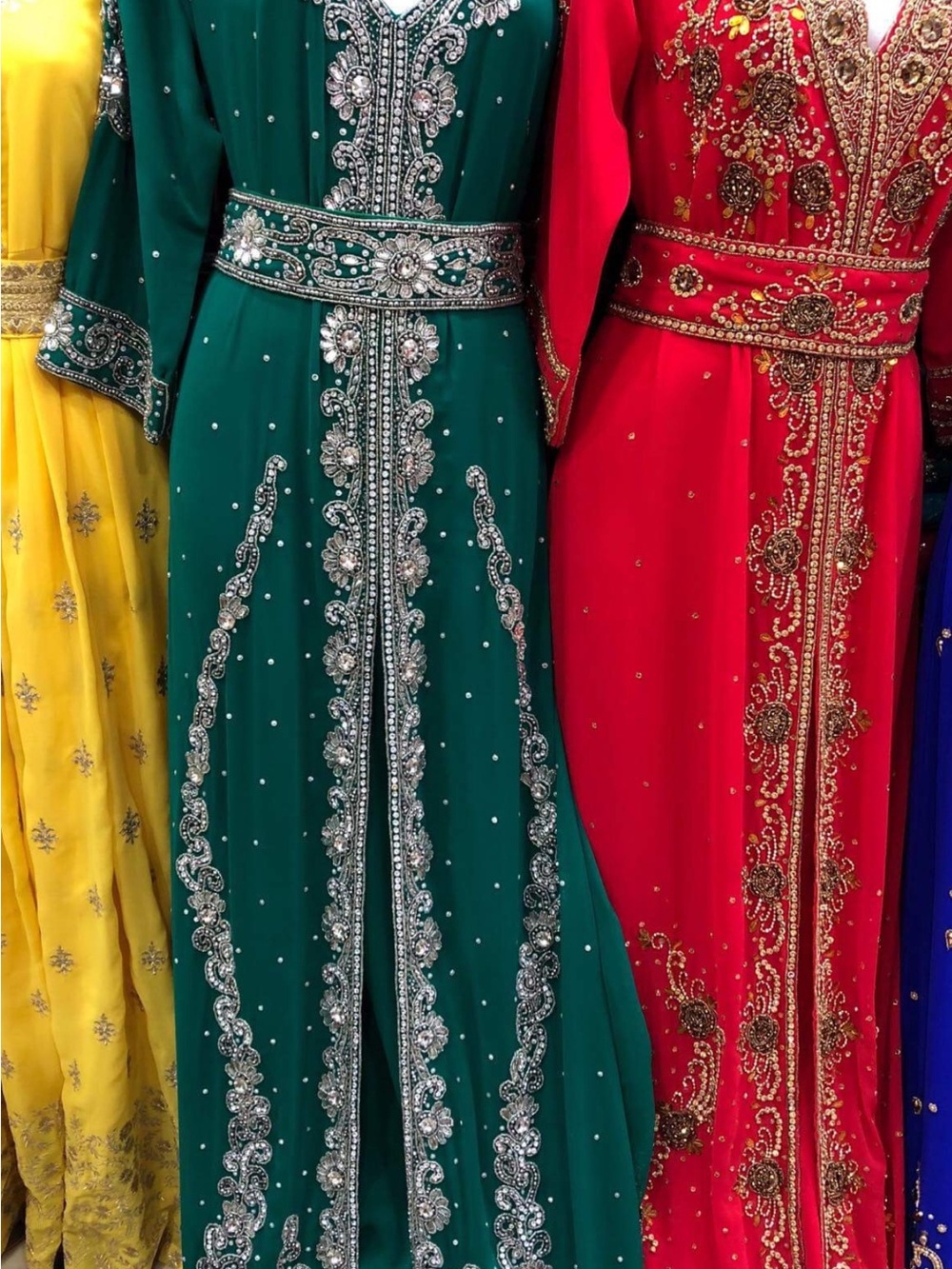 Embellished Green Kaftan Dress with Silver Beading
